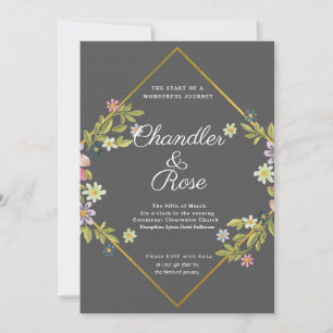 Floral Gold Geometric Minimalist Grey Wedding Invitation