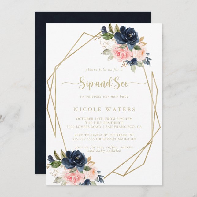 Floral Gold Geometric Sip and See Invitation (Front/Back)