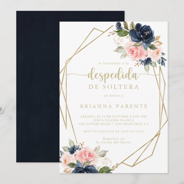 Floral Gold Geometric Spanish Bridal Shower  Invitation (Front/Back)