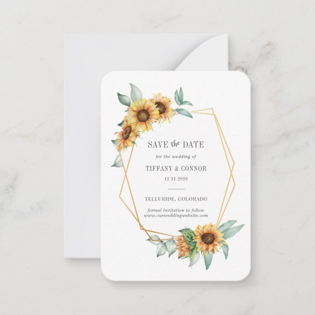 Floral Gold Geometric Sunflower Save The Date Card (Front)