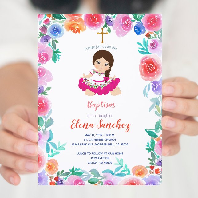 Floral Gold Girl Baptism Christening Mexican Invitation (Creator Uploaded)