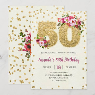 Floral & Gold Glitter 50th Birthday Invitation