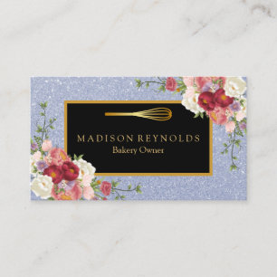Floral Gold Glitter Bakery Chef Whisk Logo Busines Business Card