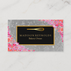 Floral Gold Glitter Bakery Chef Whisk Logo Busines Business Card