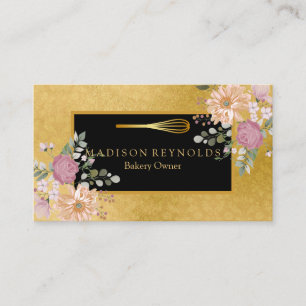 Floral Gold Glitter Bakery Chef Whisk Logo Busines Business Card