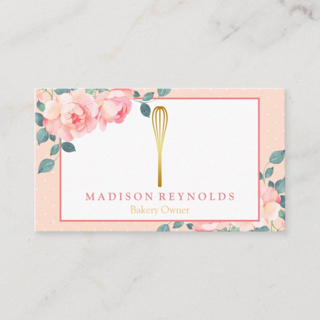 Floral Gold Glitter Bakery Chef Whisk Logo Busines Business Card (Front)