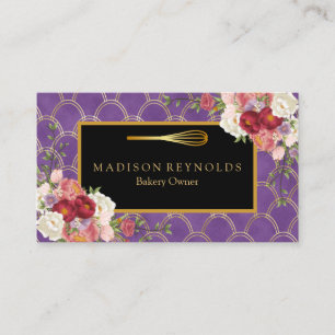 Floral Gold Glitter Bakery Chef Whisk Logo Business Card