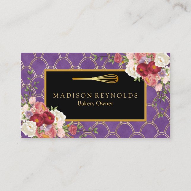 Floral Gold Glitter Bakery Chef Whisk Logo Business Card (Front)