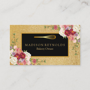 Floral Gold Glitter Bakery Chef Whisk Logo Business Card