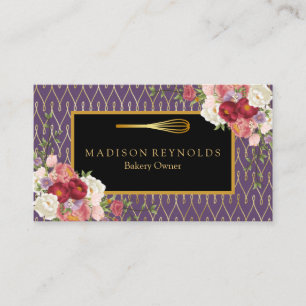 Floral Gold Glitter Bakery Chef Whisk Logo Business Card