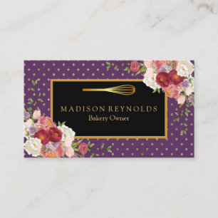 Floral Gold Glitter Bakery Chef Whisk Logo Business Card