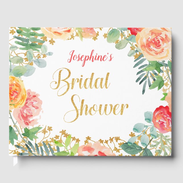 Floral & Gold Glitter Bridal Shower Guest Book (Front)