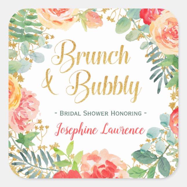 Floral & Gold Glitter Brunch Bridal Shower Square Sticker (Front)