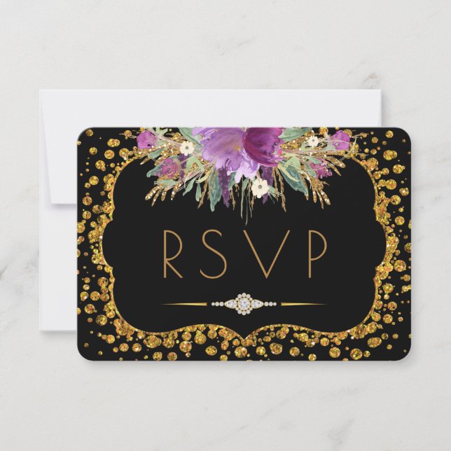 Floral Gold Glitter Confetti Black RSVP (Front)