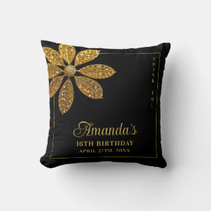 Floral Gold Glitter Flower Sweet 16 Birthday Cushion