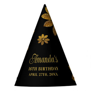 Floral Gold Glitter Flower Sweet 16 Birthday Party Hat