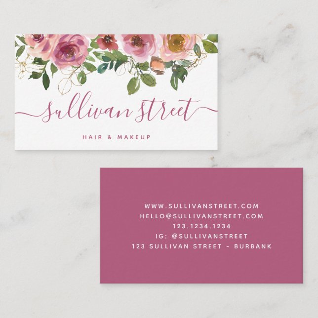 Floral Gold Glitter Hair Makeup  Business Card (Front/Back)