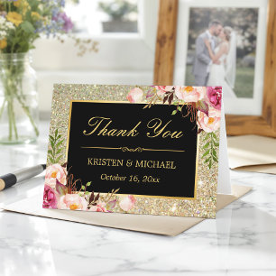 Floral Gold Glitter Sparkles Thank You Card