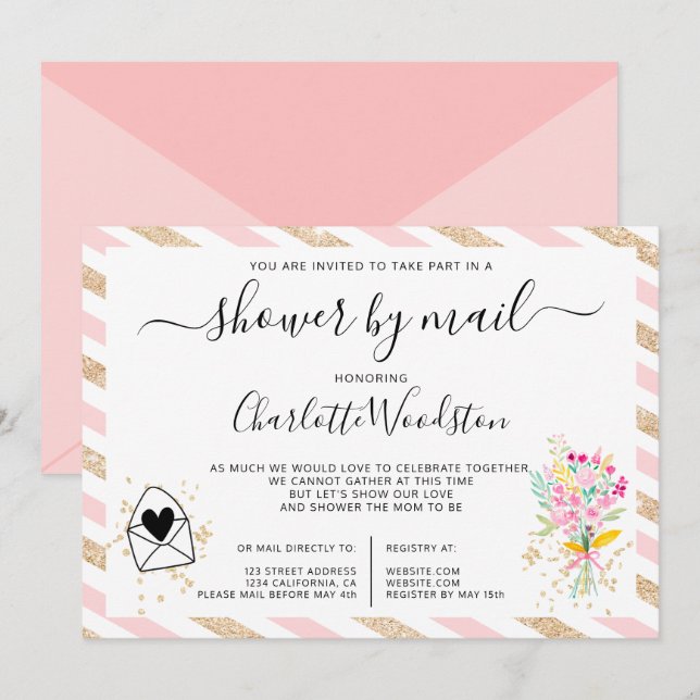 Floral gold glitter stripes baby shower by mail invitation (Front/Back)