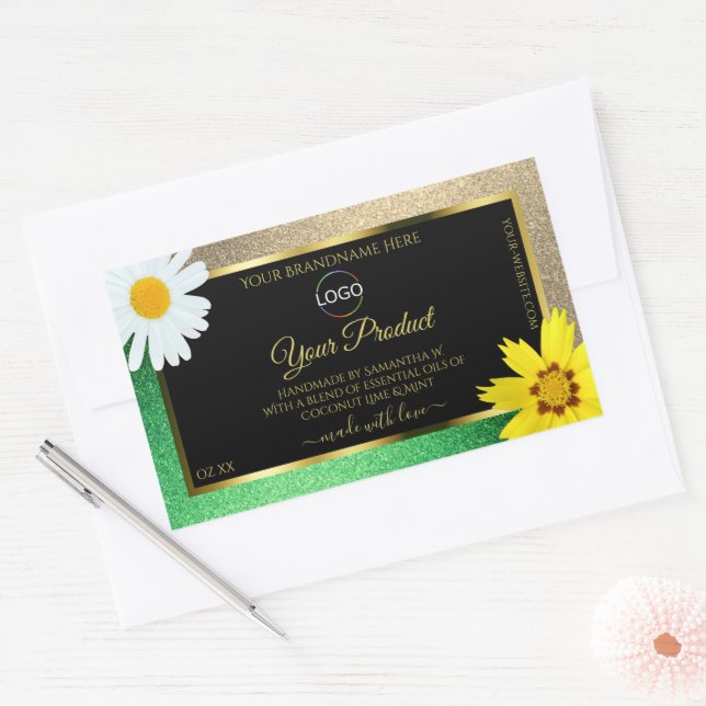 Floral Gold Green Glitter Black Product Label Logo (Envelope)
