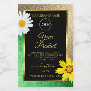 Floral Gold Green Glitter Black Product Label Logo