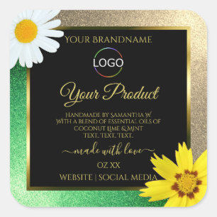 Floral Gold Green Glitter Black Product Label Logo