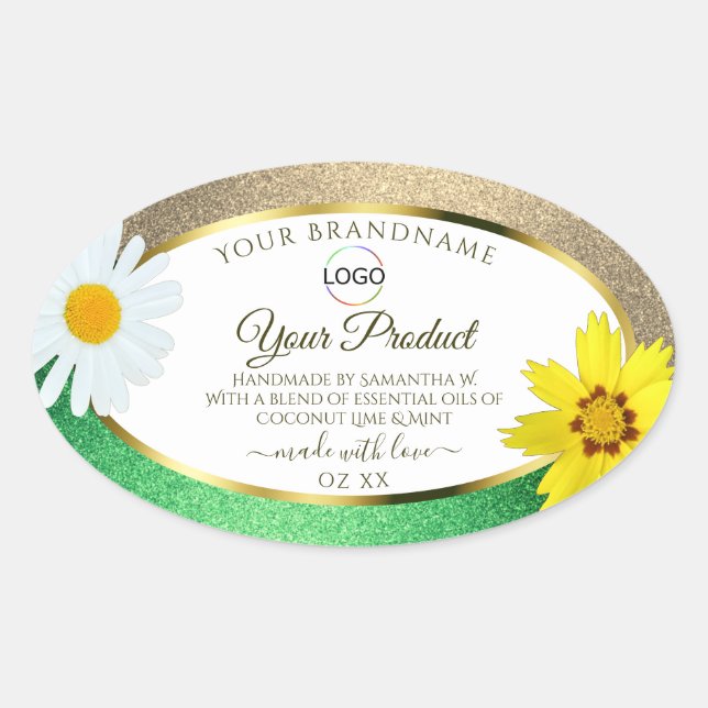 Floral Gold Green Glitter White Product Label Logo (Front)