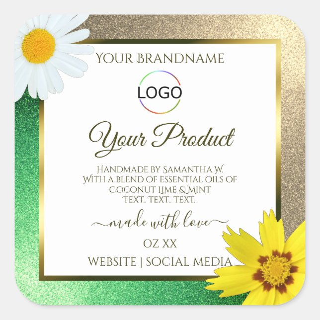 Floral Gold Green Glitter White Product Label Logo (Front)