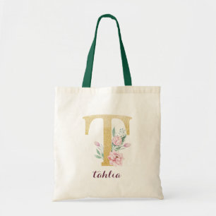 Floral Gold Greenery Purple Personalised Monogram Tote Bag