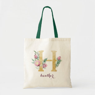Floral Gold Greenery Purple Personalised Monogram Tote Bag