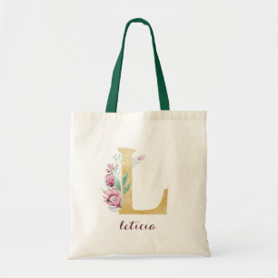 Floral Gold Greenery Purple Personalised Monogram Tote Bag