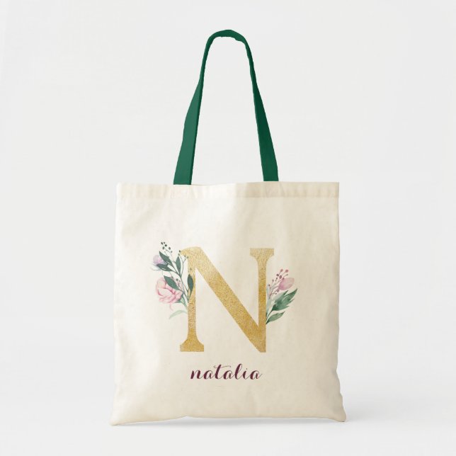 Floral Gold Greenery Purple Personalized Monogram Tote Bag (Front)