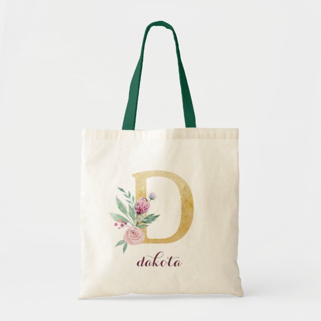 Floral Gold Greenery Purple Personalized Monogram Tote Bag (Front)