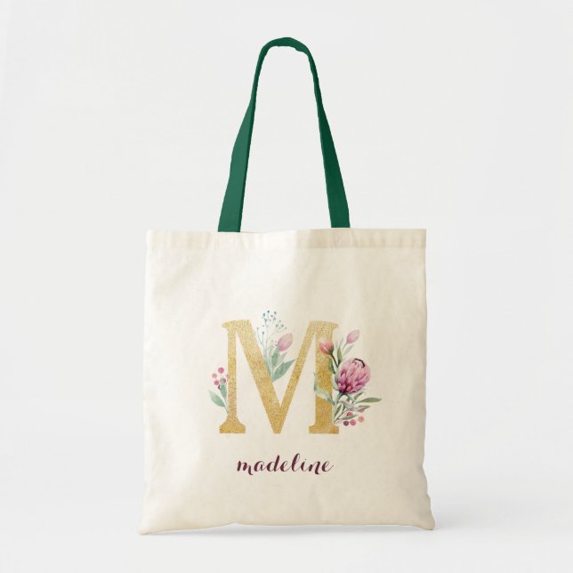Floral Gold Greenery Purple Personalized Monogram Tote Bag (Front)