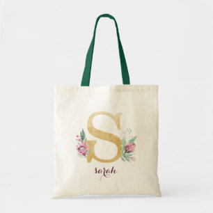 Floral Gold Greenery Purple Personalized Monogram Tote Bag