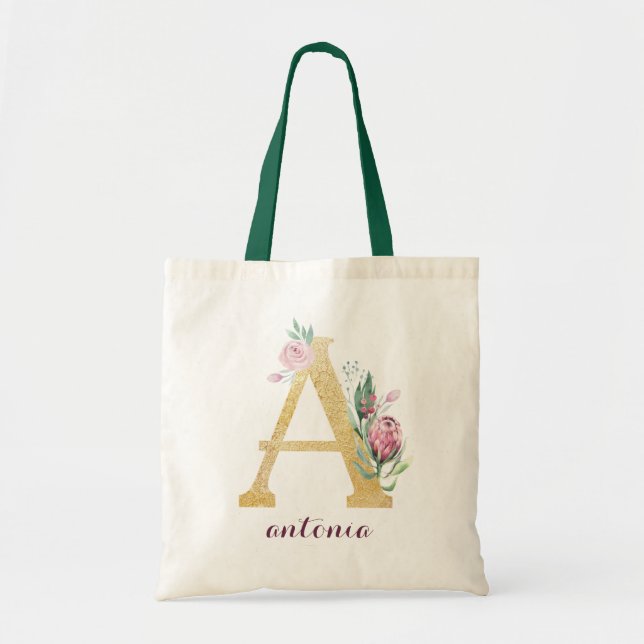 Floral Gold Greenery Purple Personalized Monogram Tote Bag (Front)