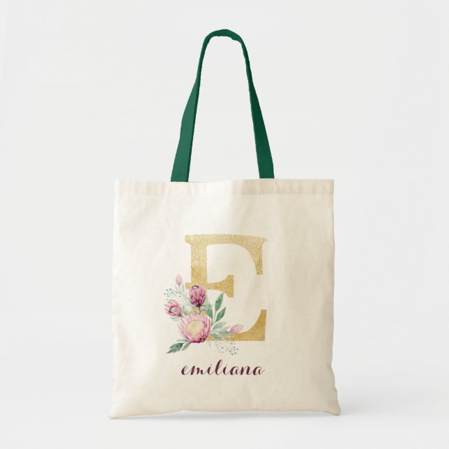 Floral Gold Greenery Purple Personalized Monogram Tote Bag (Front)