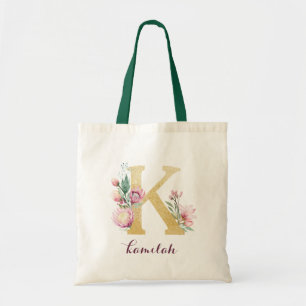 Floral Gold Greenery Purple Personalized Monogram Tote Bag