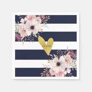 Floral Gold Heart Navy White Wedding Paper Napkin