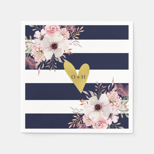 Floral Gold Heart Navy White Wedding Paper Napkin (Front)