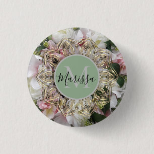 Floral Gold Hexagon Mandala Monogram 3 Cm Round Badge