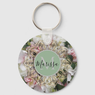 Floral Gold Hexagon Mandala Monogram  Key Ring