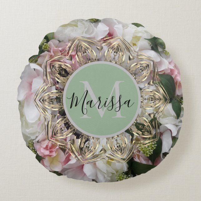 Floral Gold Hexagon Mandala Monogram Round Pillow (Front)