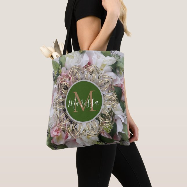Floral Gold Hexagon Mandala Monogram Tote Bag (Close Up)