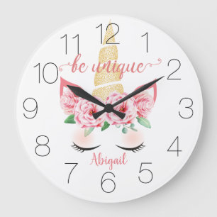 Floral Gold Horn Unicorn Large Clock