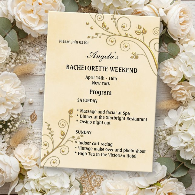 Floral Gold Itinerary Bachelorette Weekend Invite (Bachelorette weekend itinerary invitation with romantic gold floral swirls on yellow watercolor)