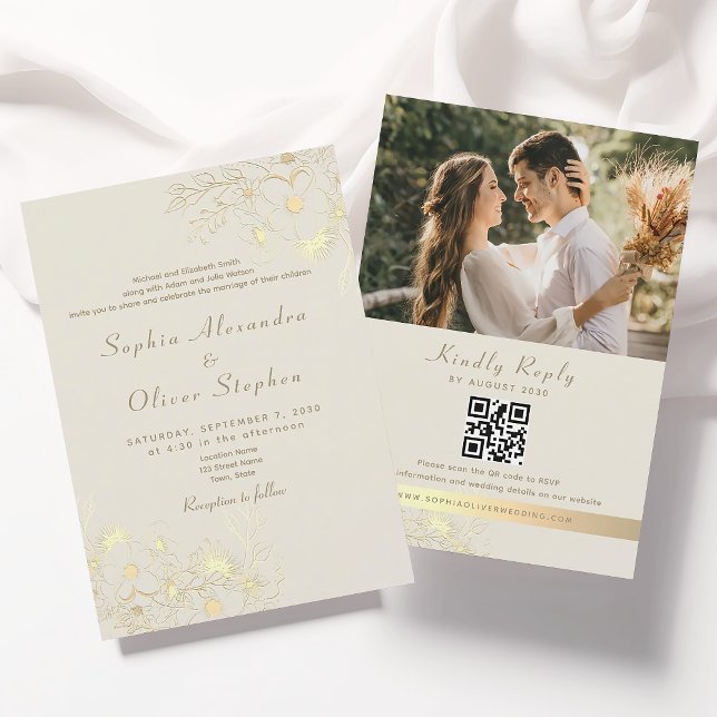 Floral Gold Ivory QR Code Wedding Invitation (Creator Uploaded)