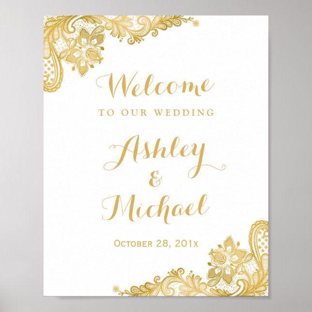 Floral Gold Lace Pattern Wedding Reception Sign (Front)