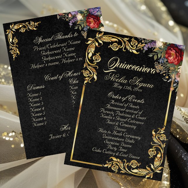 Floral & Gold Leaves - Black Quinceanera Program Programme (Creator Uploaded)