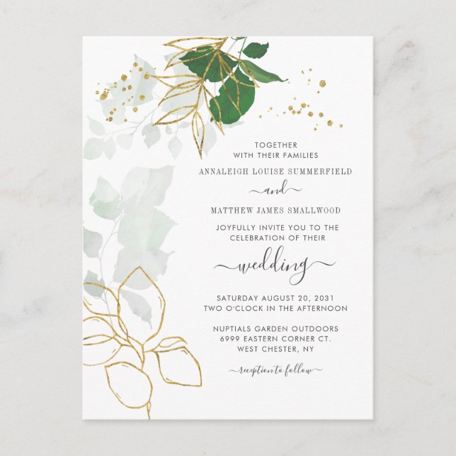 Floral Gold Leaves Glitter Script Wedding Invitation Postcard (Front)